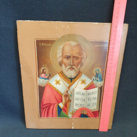 Икона "Святой Николай Чудотворец", холст, дореволюционная, размер 31х26 см, есть дефекты (на фото). Картинка 10
